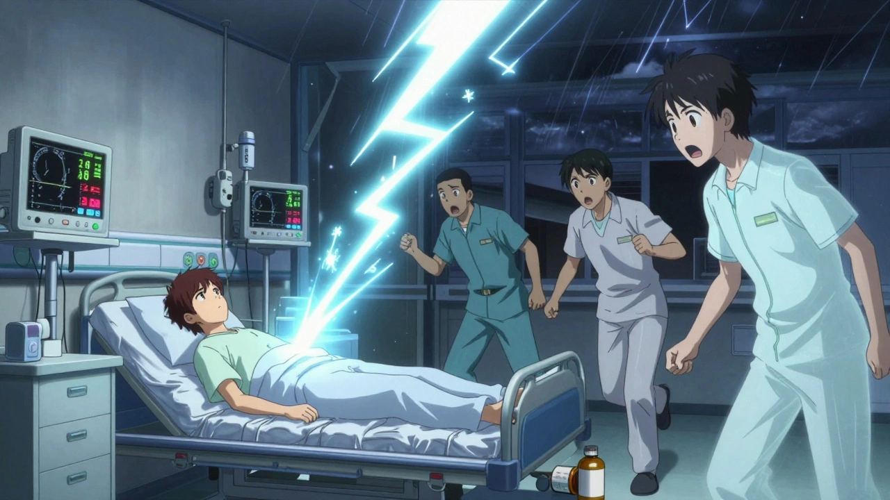 Patient in ICU with serotonin storm surging through neural pathways, medical staff rushing.