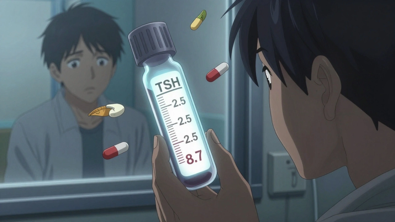 Patient staring at blood test results with thyroid pills floating around them.