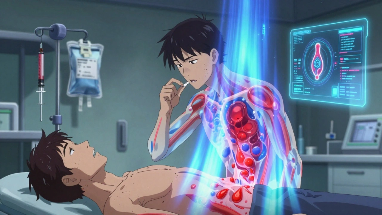 Patient taking oral HIF-PHI pill, triggering energy waves that unlock natural iron and erythropoietin production.