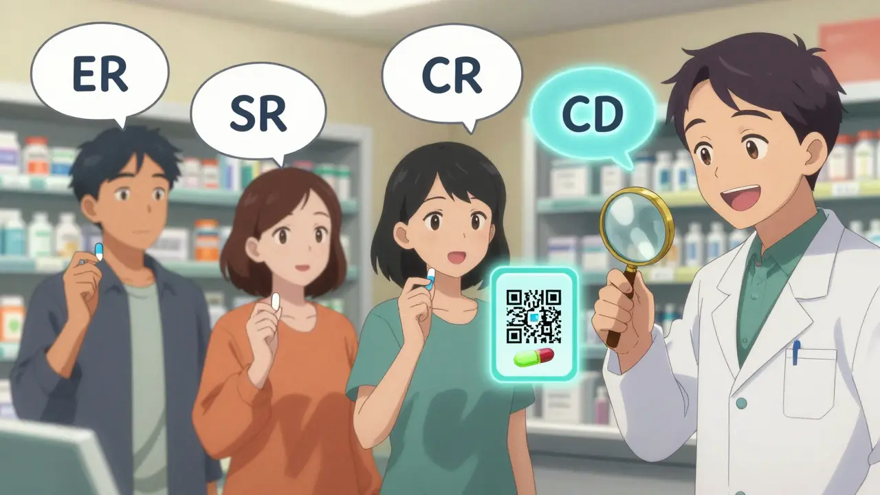 People in a pharmacy holding extended-release meds with animated usage guides above their heads.