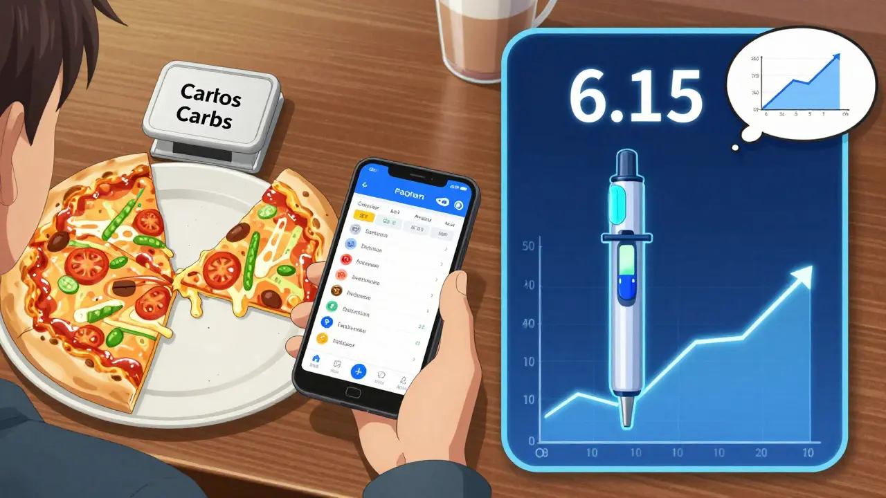 Person calculating carbs for pizza using a food scale and app, with insulin dose calculation displayed above their pen.