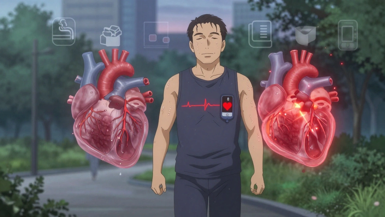 Person walking in park with translucent arterial plaques visible, symbolizing heart health improvement.