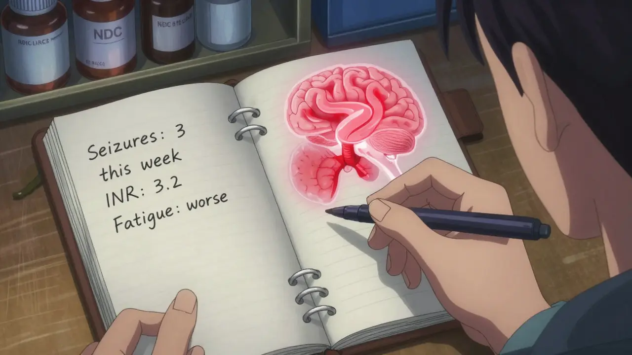 Person writing in a health journal under lamplight, with glowing warning indicators for thyroid and INR levels.