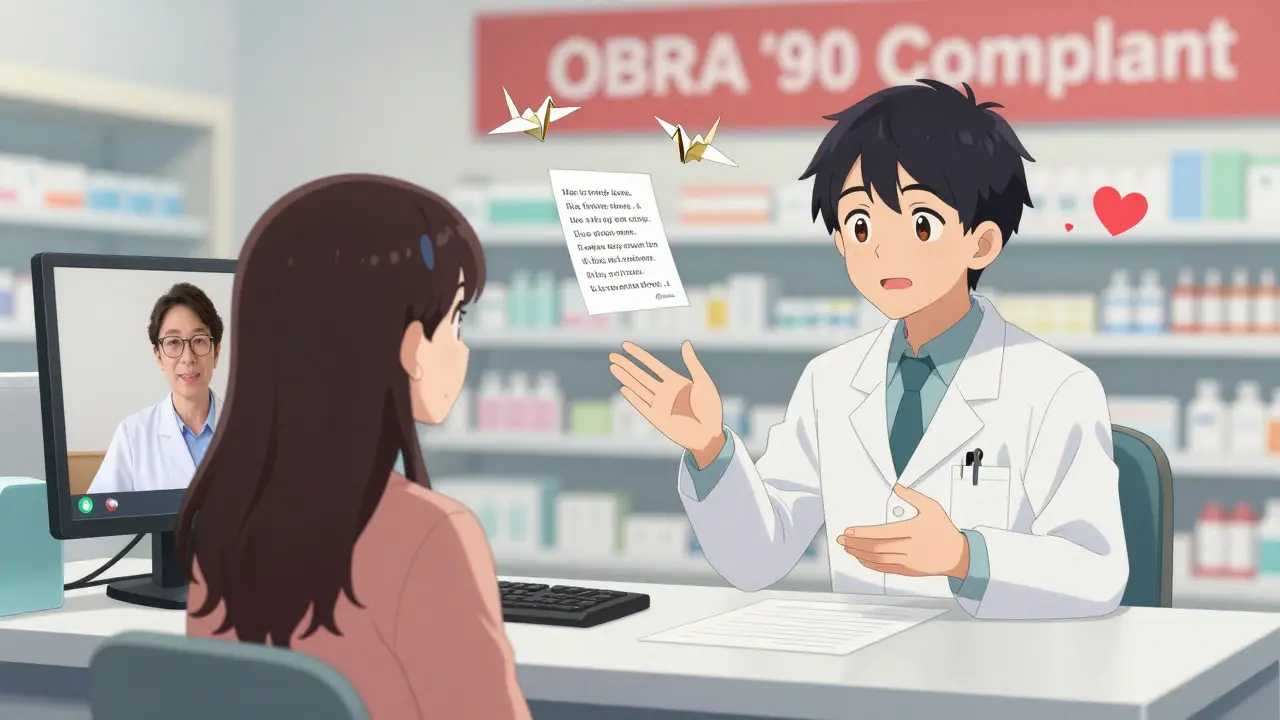 Pharmacist and patient in a pharmacy, with interpreter on screen and translated handouts floating in the air.