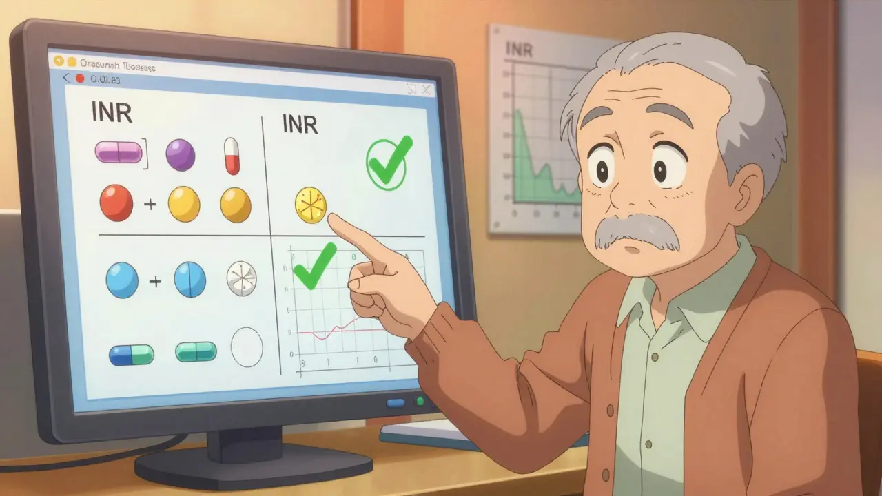 Pharmacist explaining pill differences to an older man using a visual chart in a warm, inviting pharmacy setting.