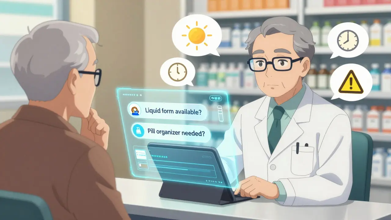 Pharmacist using a tablet with AI counseling prompts, patient nodding as helpful icons appear nearby.