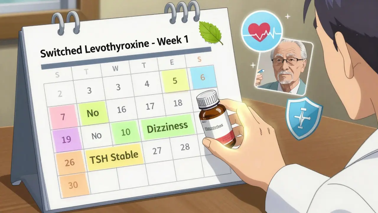Senior's medication calendar with progress notes and a pharmacist's hand placing a new pill next to the old one.