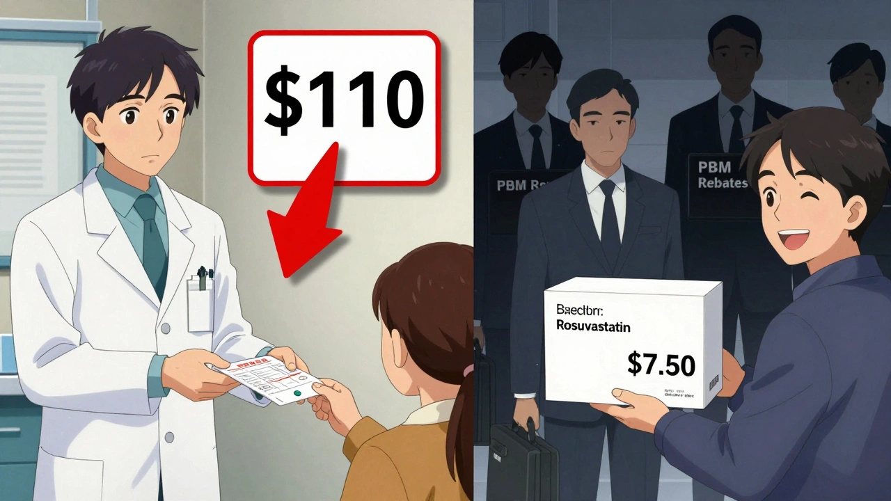Split scene: 0 retail price vs .50 mail-order price for the same generic cholesterol pill.