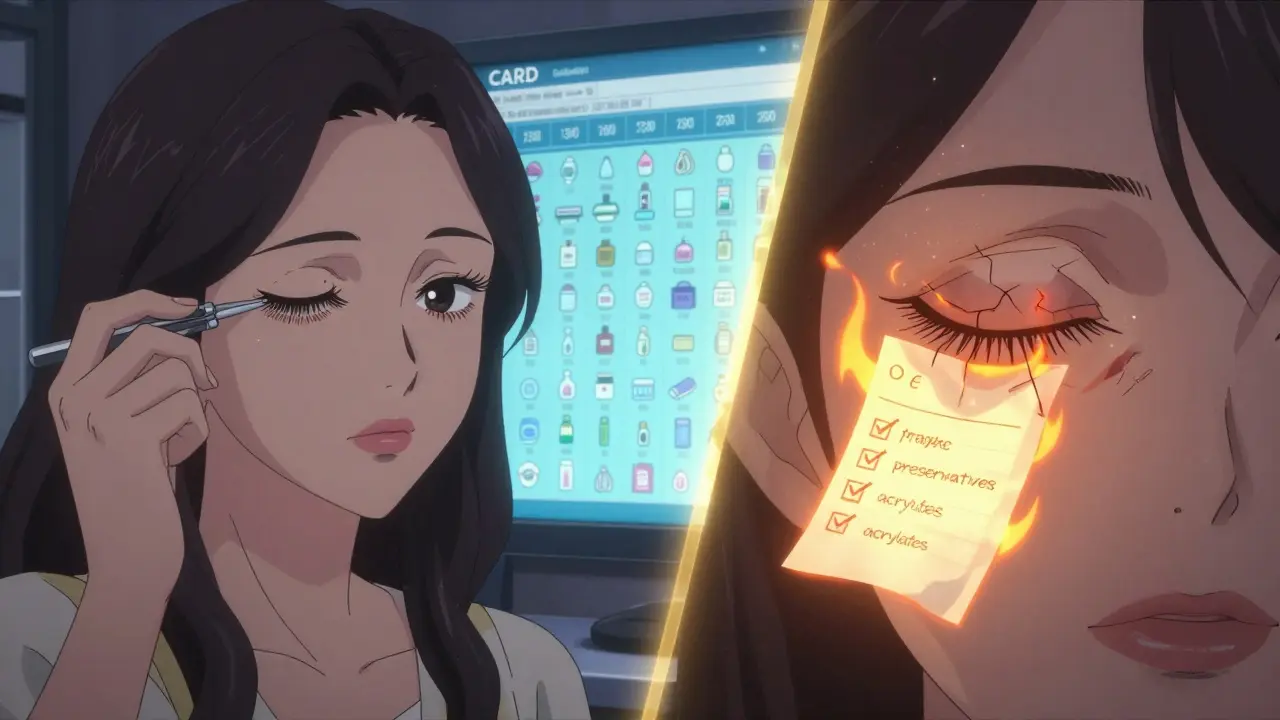 Split scene: applying magnetic lashes vs. swollen eyelid, with safe product database glowing in background.