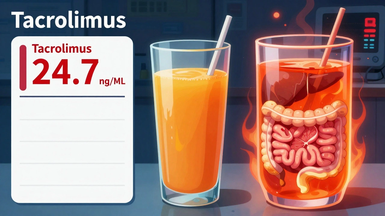 Split scene: high drug levels on a blood test versus grapefruit compounds destroying enzymes in the gut.