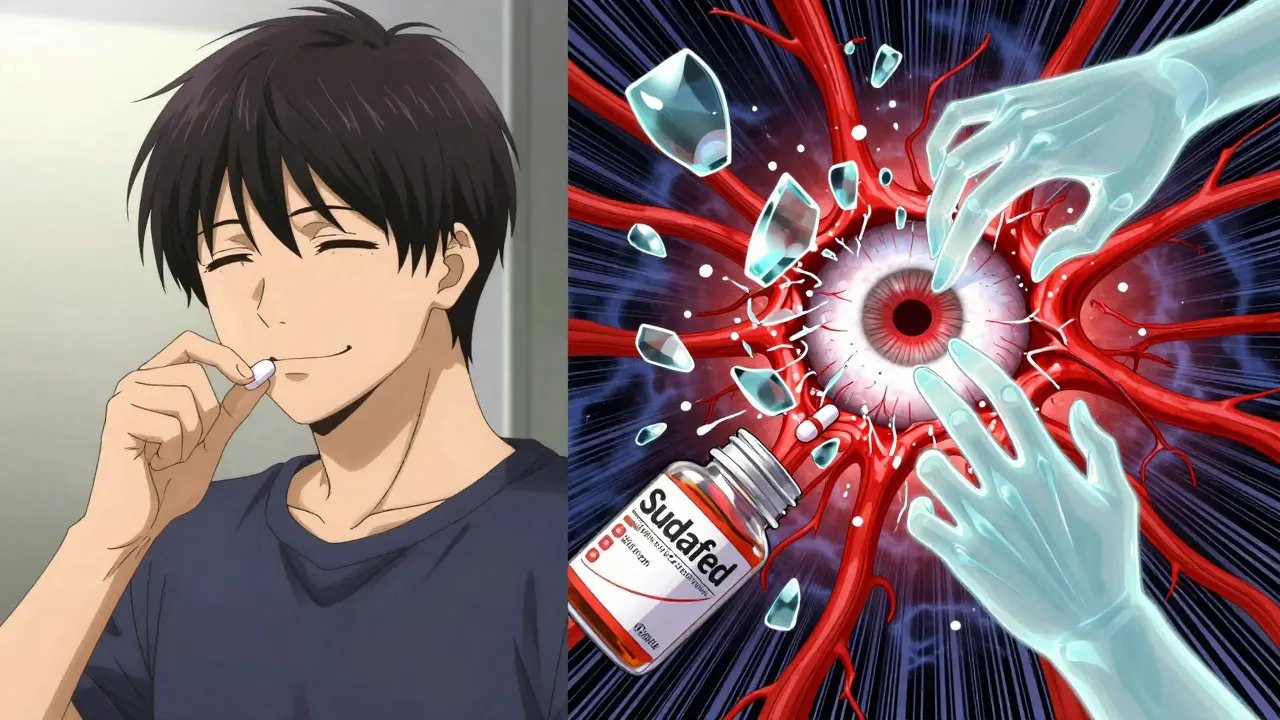 Split scene: man taking cold pill vs. his eye exploding with pressure and nerve damage