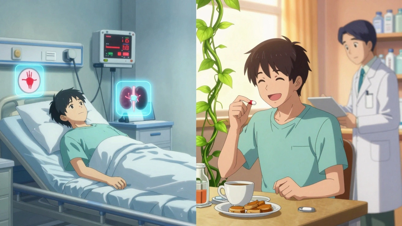 Split scene: one side shows hospital danger from missed meds, the other shows healthy progress with support.
