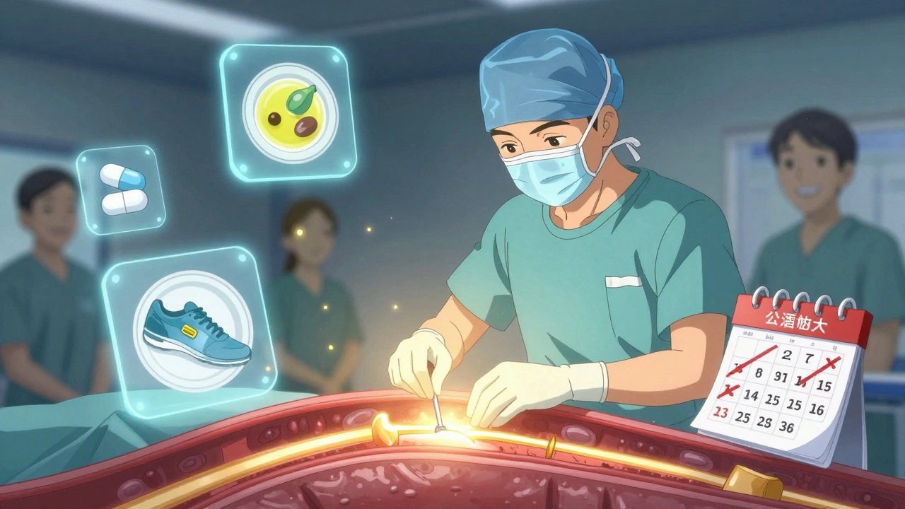 Surgeon placing stent in artery surrounded by health icons in vibrant anime style.