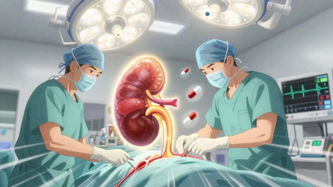 Surgeons perform a kidney transplant; the new organ pulses with golden light as blood flows through connected vessels.