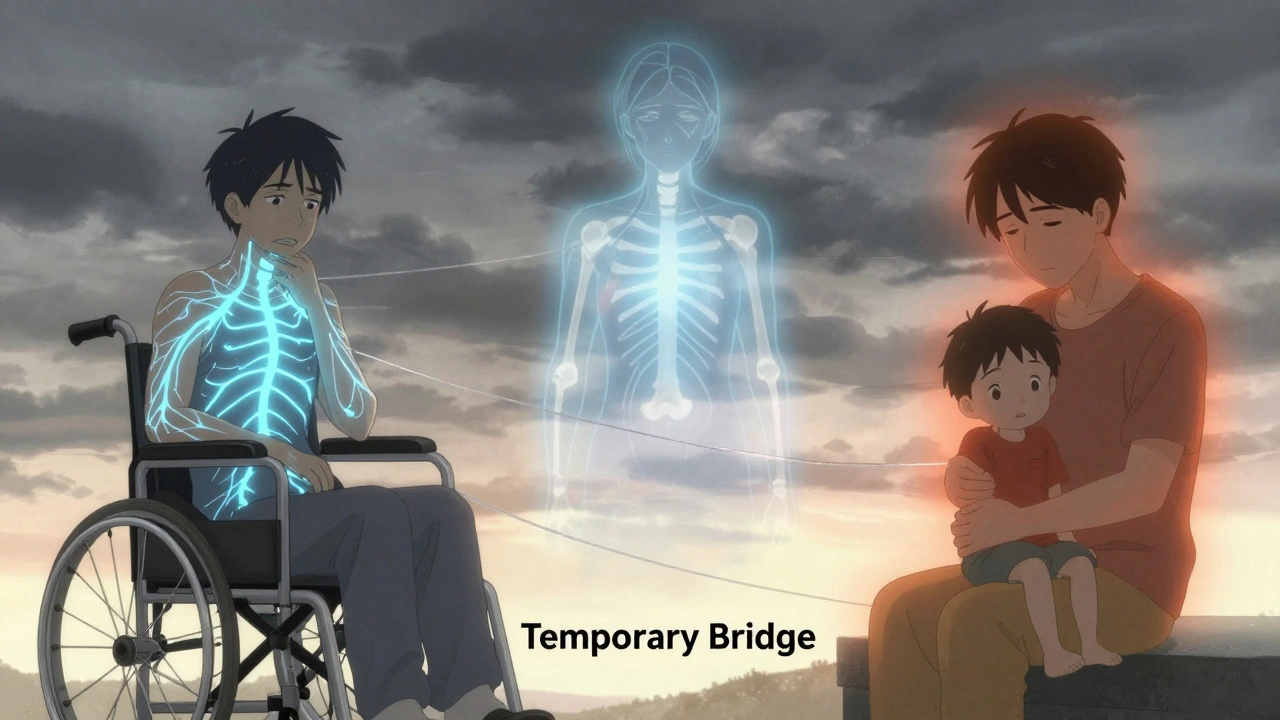 Three cancer patients representing different pain types, connected by a fragile thread labeled &#039;Temporary Bridge&#039; under a sunrise.