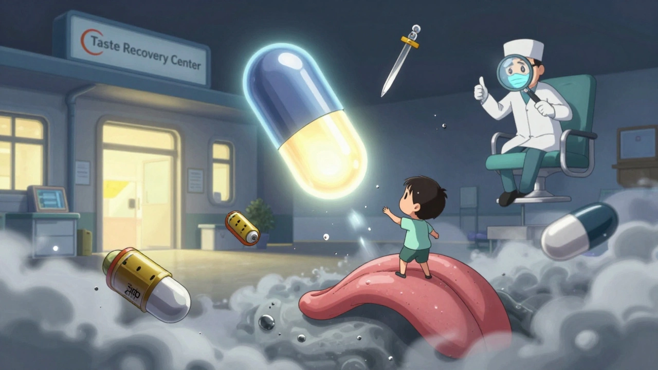 Tiny person on giant tongue fighting drug molecules as a zinc capsule saves the day in surreal medical scene.