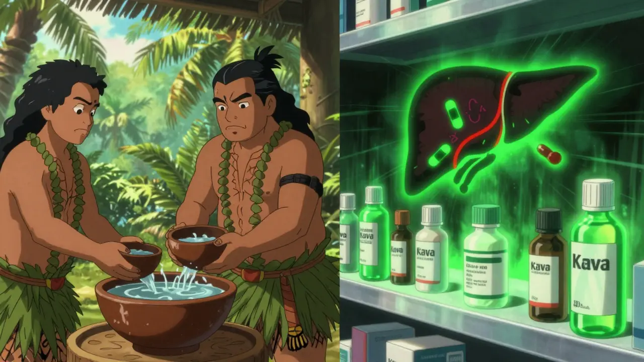 Traditional kava preparation vs. toxic modern supplements in split anime scene.