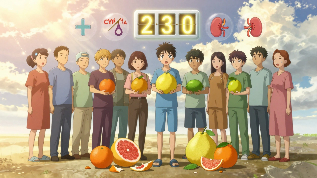 Transplant patients hold safe fruits while banned citrus lies shattered, with a three-day timer above them.