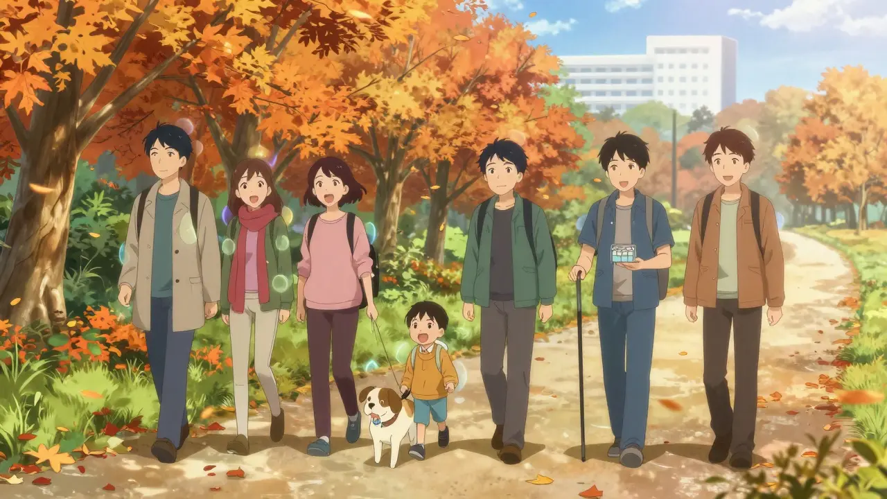 Transplant recipients enjoy daily life—walking, laughing, hiking—with faint kidney-shaped glows symbolizing renewed health.