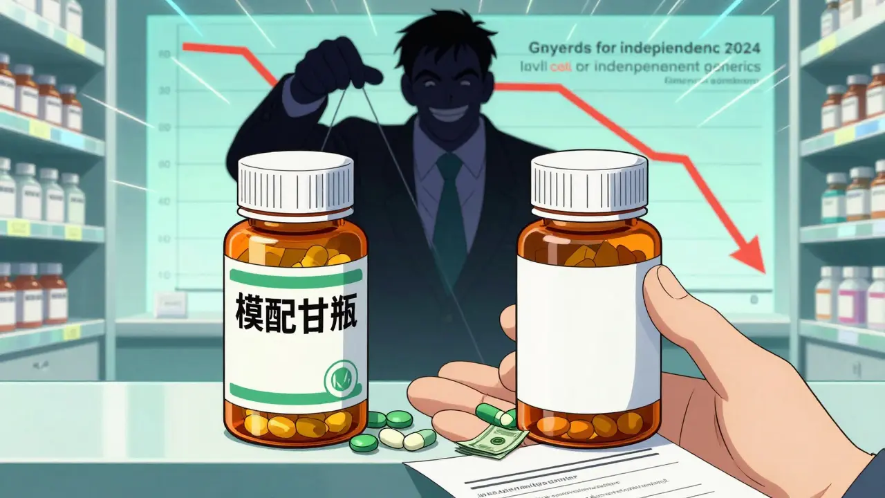 Two identical pill bottles pouring money into one hand, with a shadowy executive controlling them from behind.