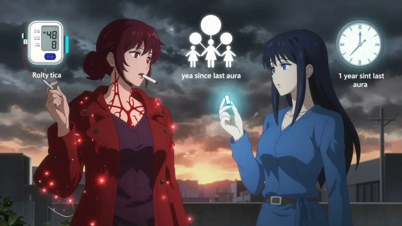 Two versions of a woman: one at risk with aura and smoking, the other safe with progestin option.