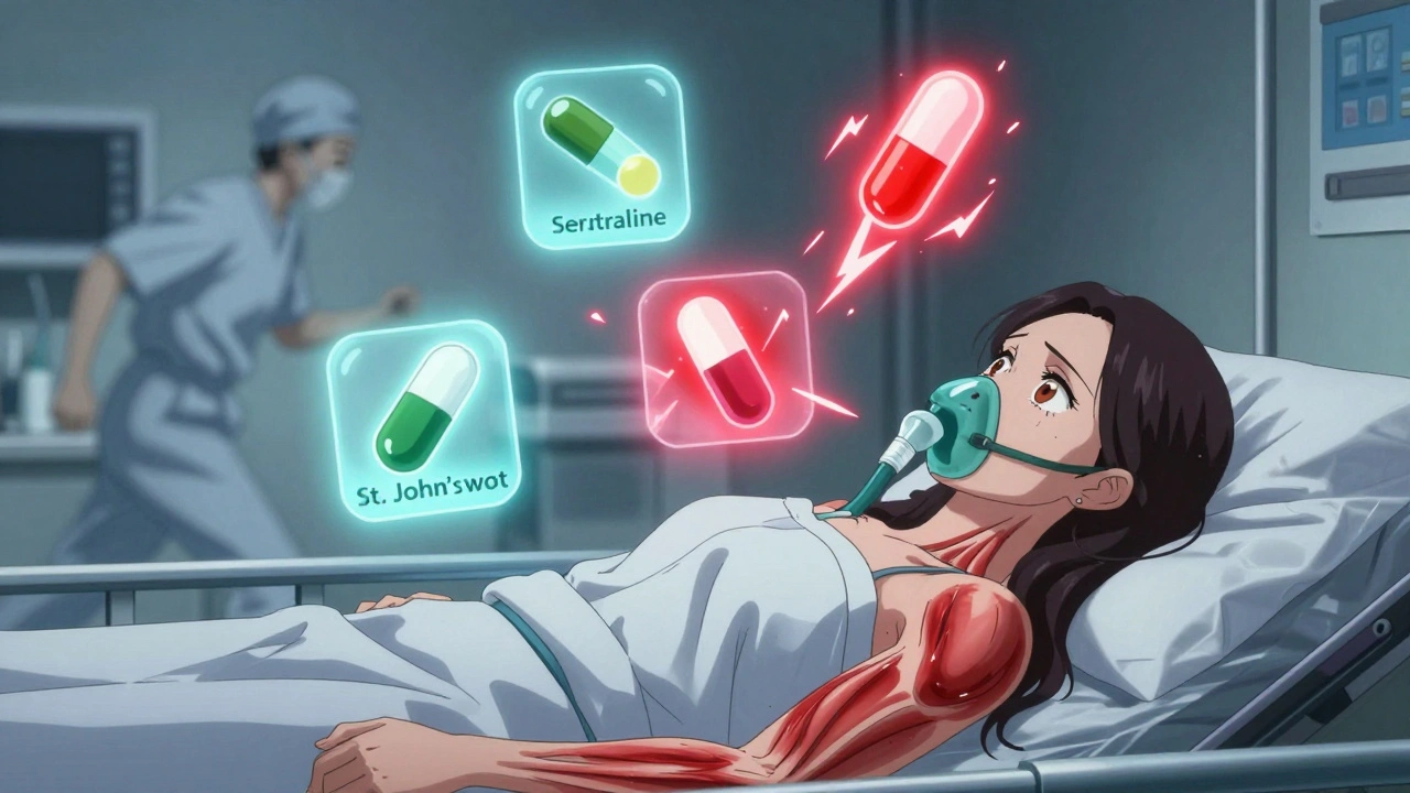 Woman on hospital gurney with floating drug icons and signs of serotonin syndrome.