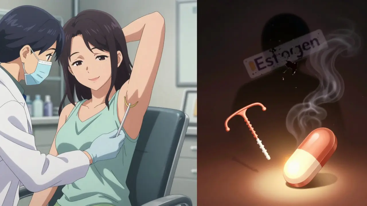 Woman receiving a progestin implant while safe birth control options glow beside her.