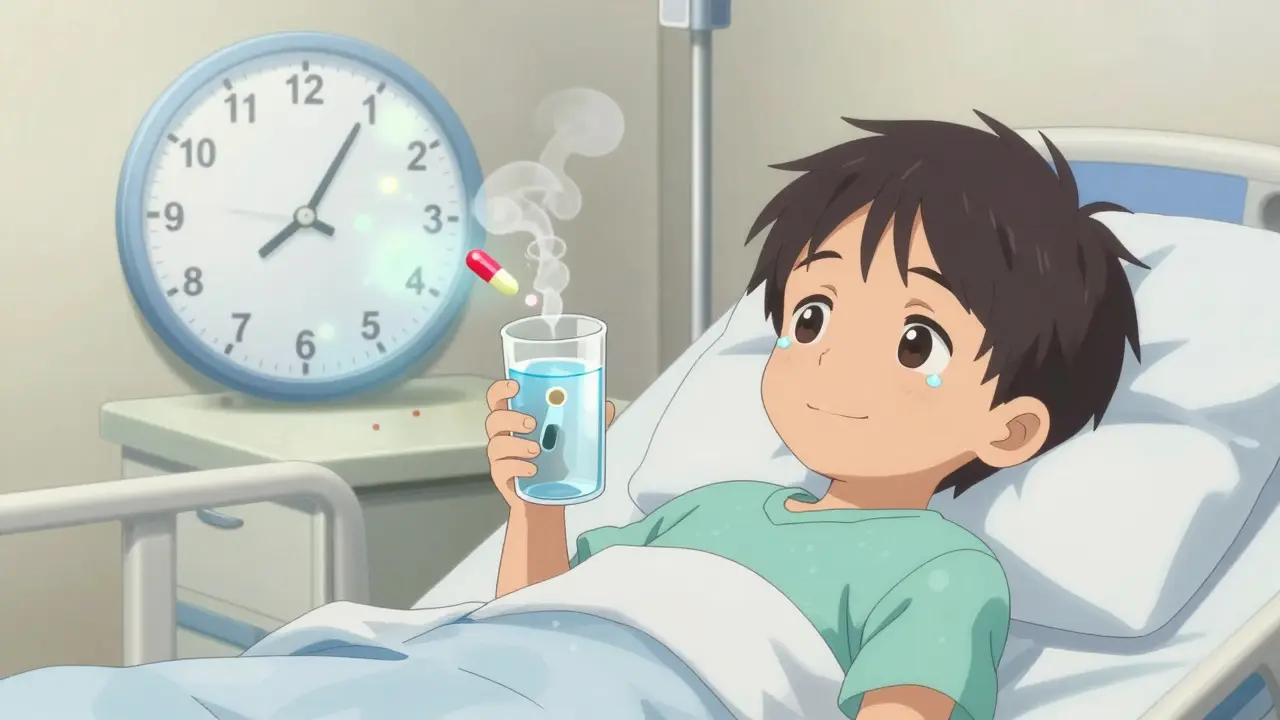 A child in a hospital bed with a single dexamethasone pill dissolving, while five days of prednisone vanish as smoke.