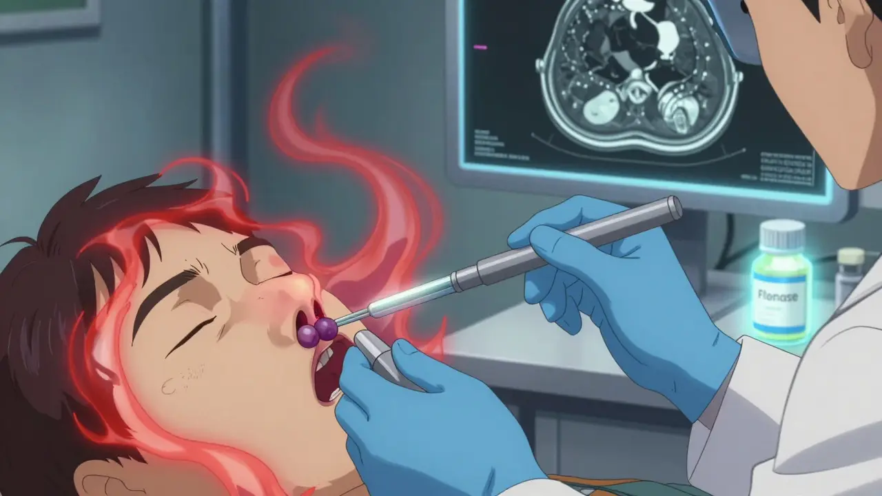 A doctor examining nasal passages with an endoscope, revealing inflamed tissue and polyps in a stylized medical scene.