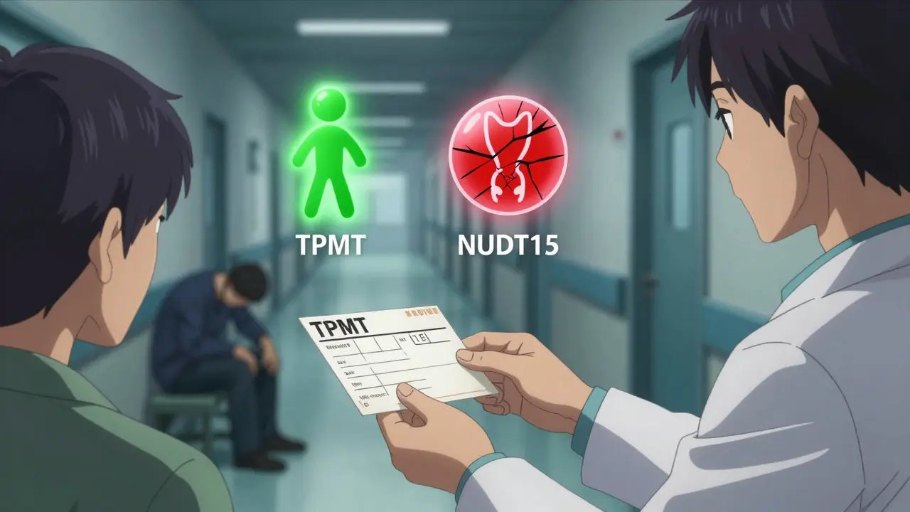 A doctor gives a prescription as two gene icons hover above—one intact, one damaged—representing genetic risk.