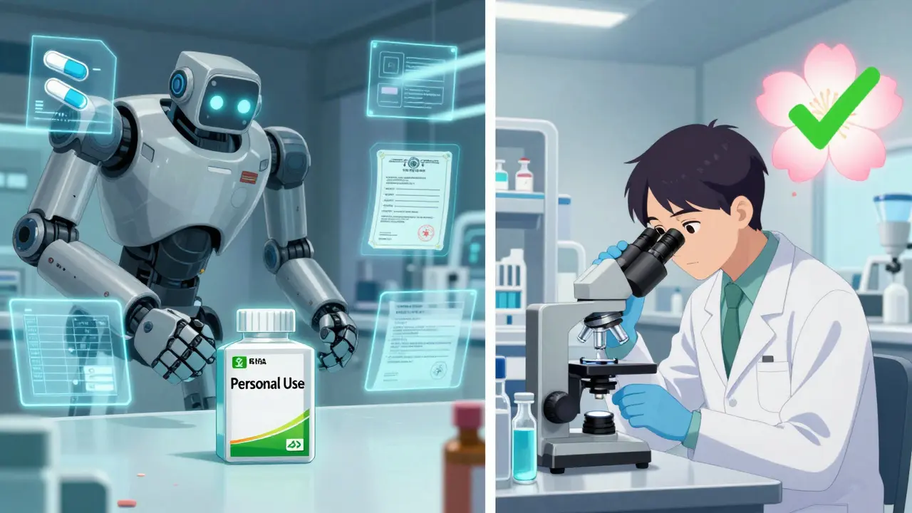 A giant FDA robot blocks a tiny package of fake pills with holographic warnings.