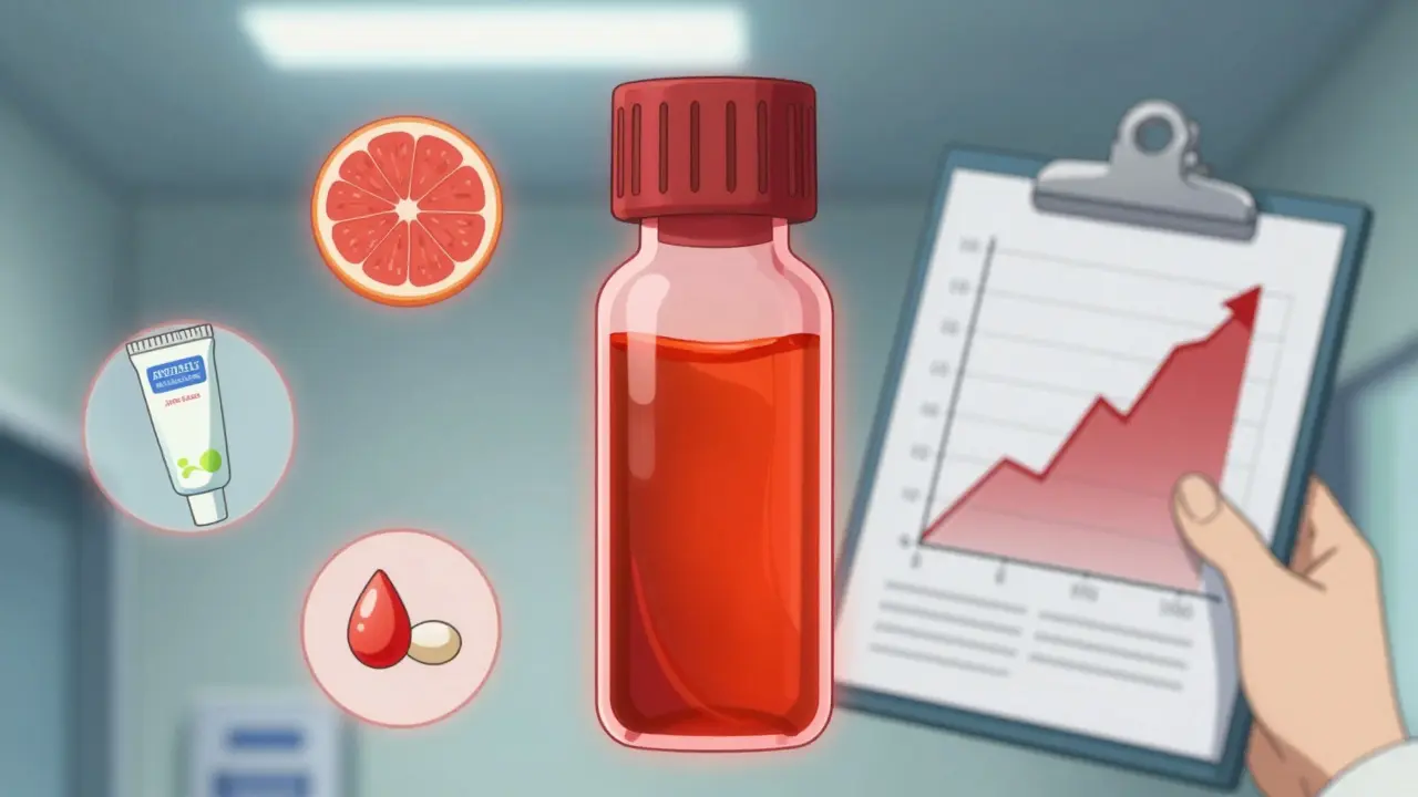 A glowing blood test vial surrounded by dangerous drug interactions in a hospital setting.