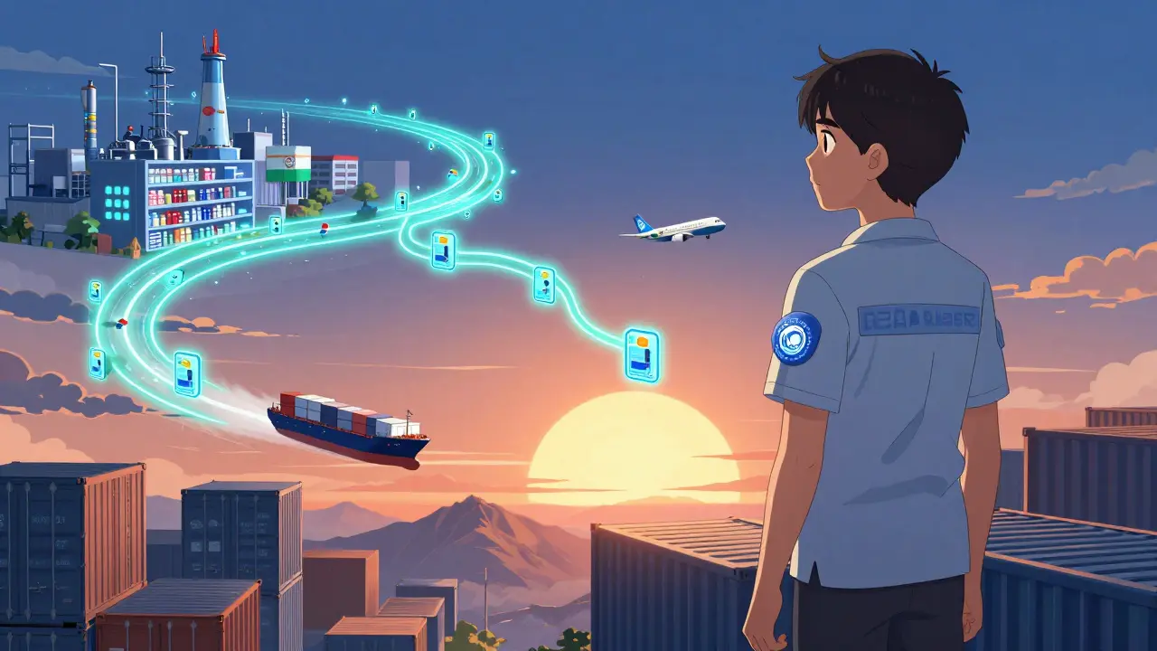 A neon blockchain trail traces medicine from factory to pharmacy with digital IDs.