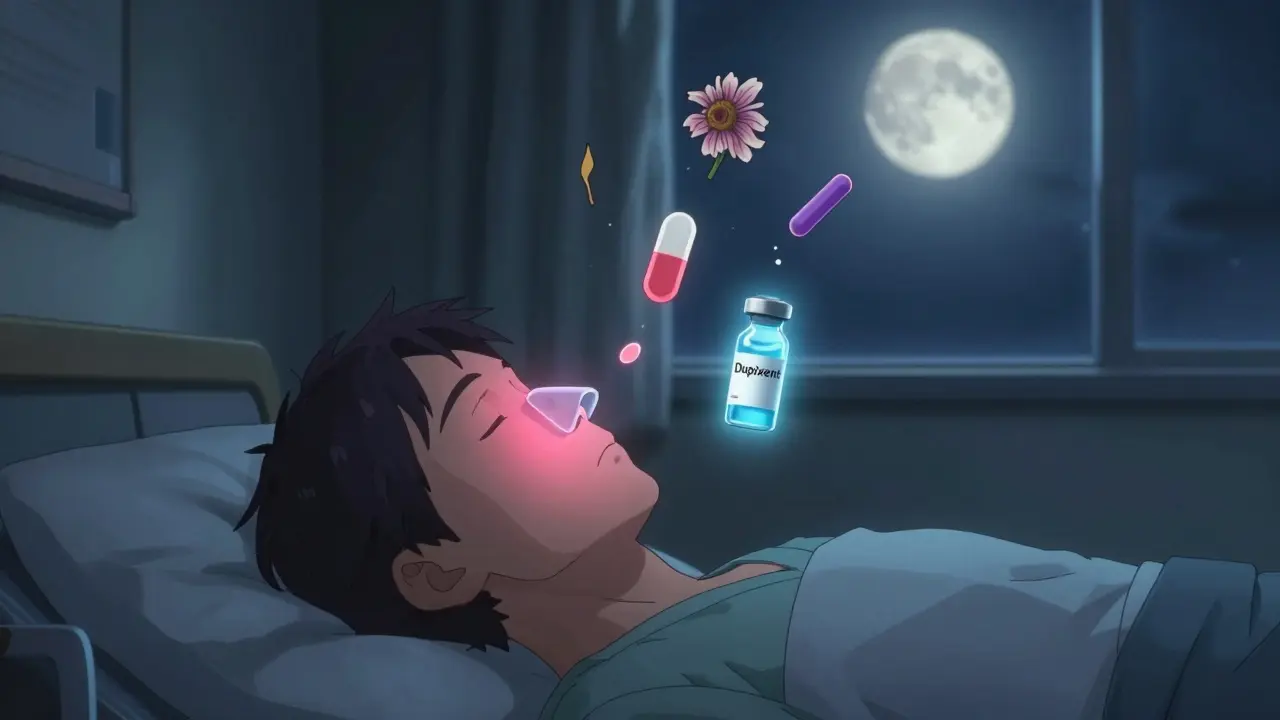 A patient breathing easily after surgery, with fading symbols of past sinus struggles dissolving into calm light.