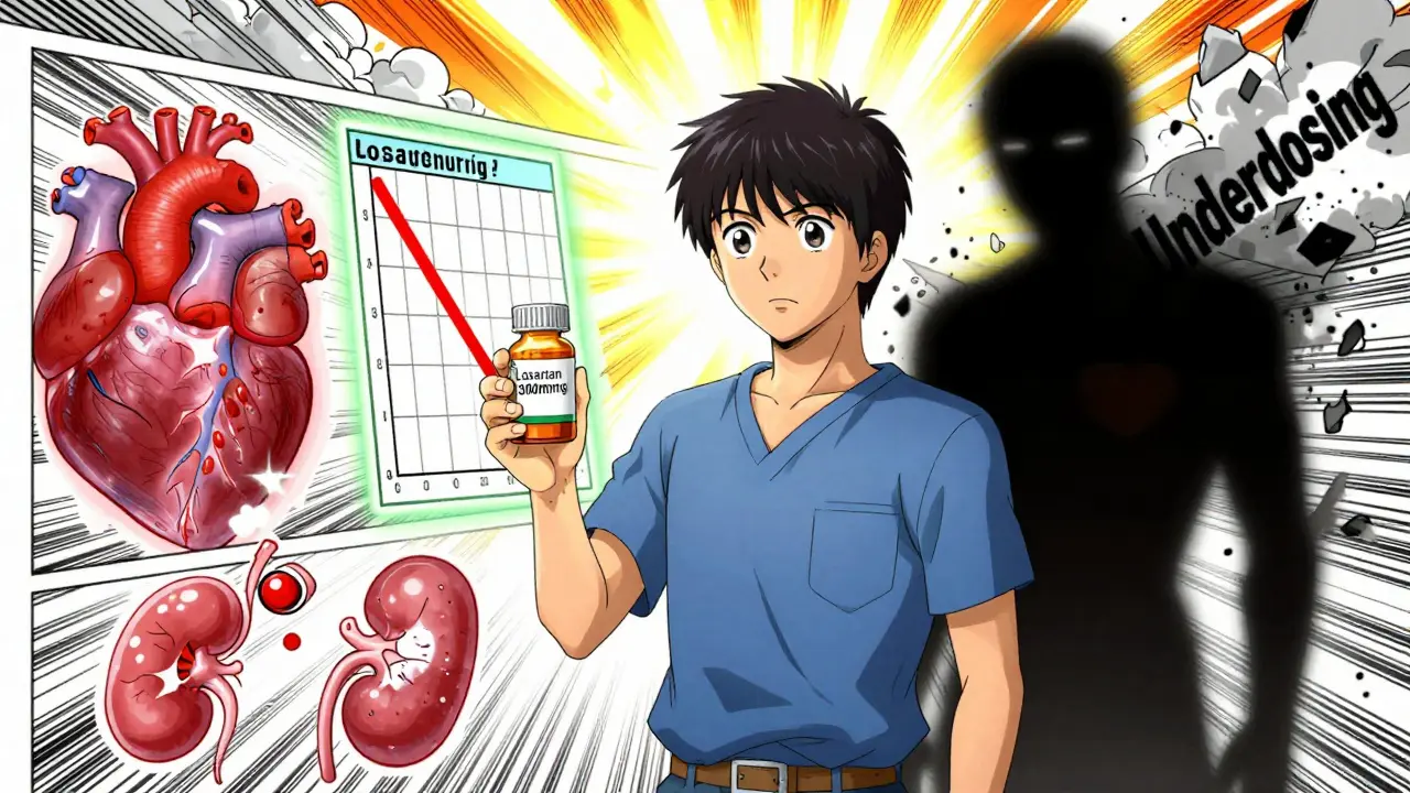 A patient holding a high-dose ARB pill as urine protein levels drop dramatically behind them.