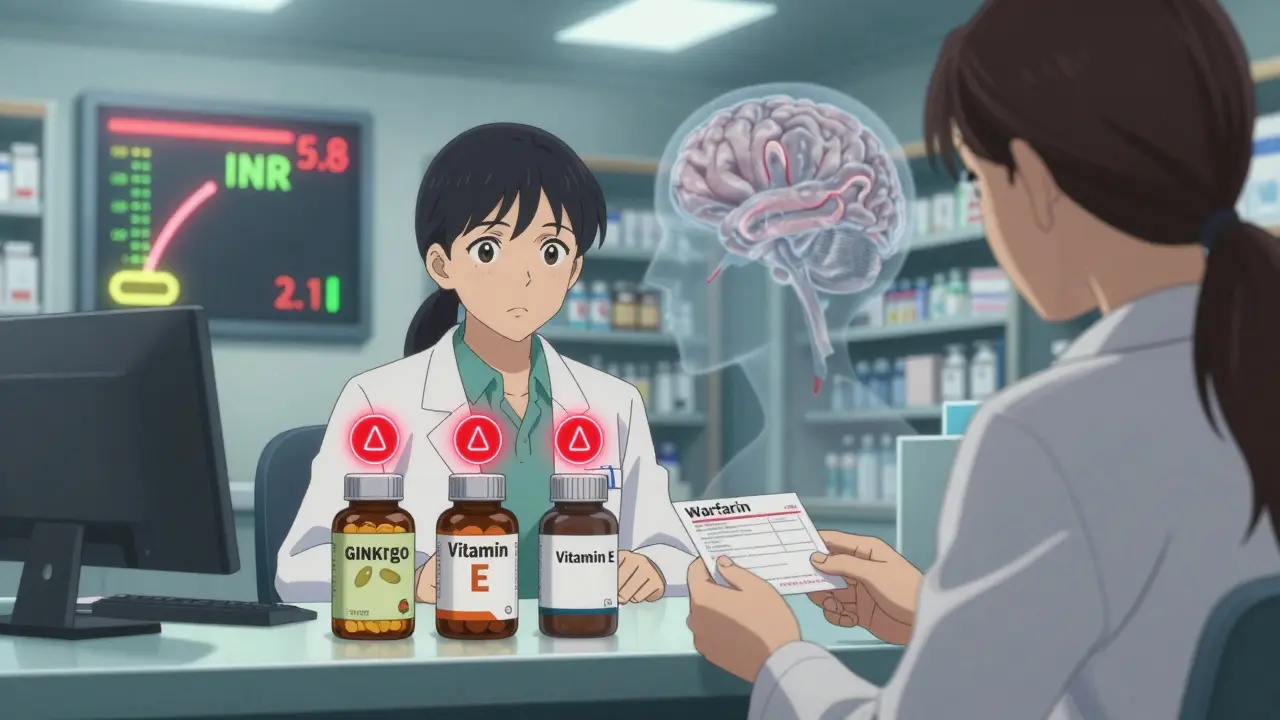 A pharmacist examines supplements next to a warfarin prescription with a rising INR meter in the background.