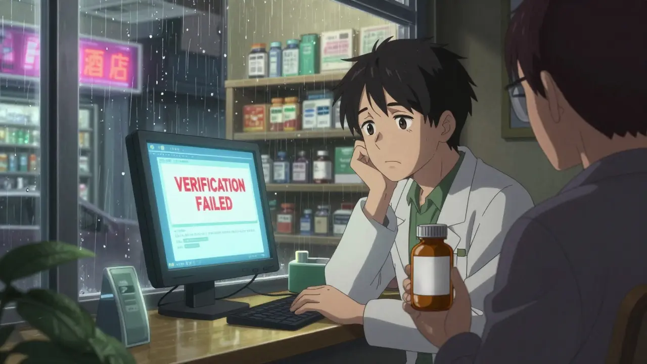 A pharmacist facing a verification failure on screen while a patient holds a suspicious pill bottle.