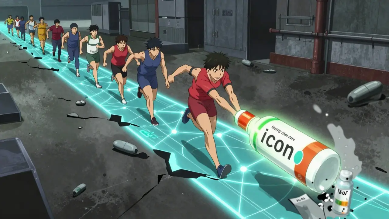 A relay race of supply chain partners passing a serialized drug package with counterfeit drug crumbling.