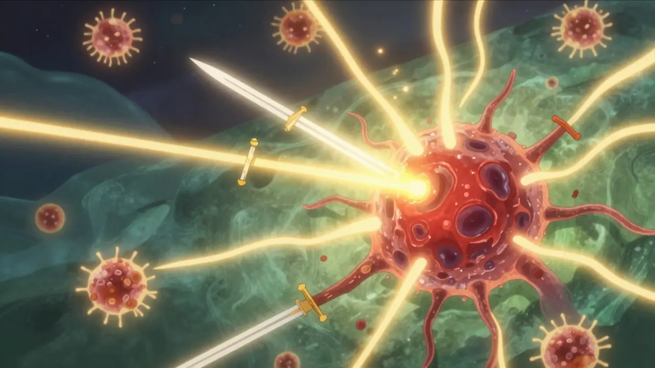 A tumor glowing with immune signals, attracting warrior-like T-cells in a radiant battlefield.