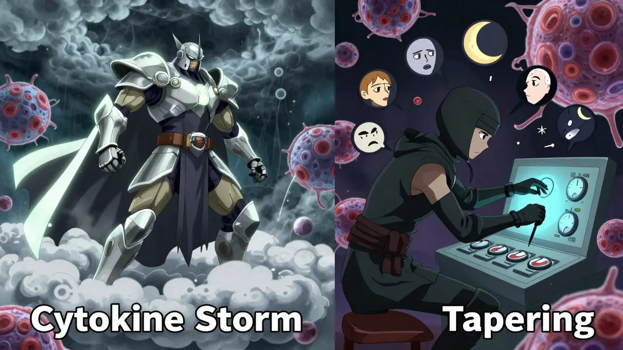 A warrior representing dexamethasone battles a storm cloud, while a ninja representing prednisone adjusts a tapering panel.