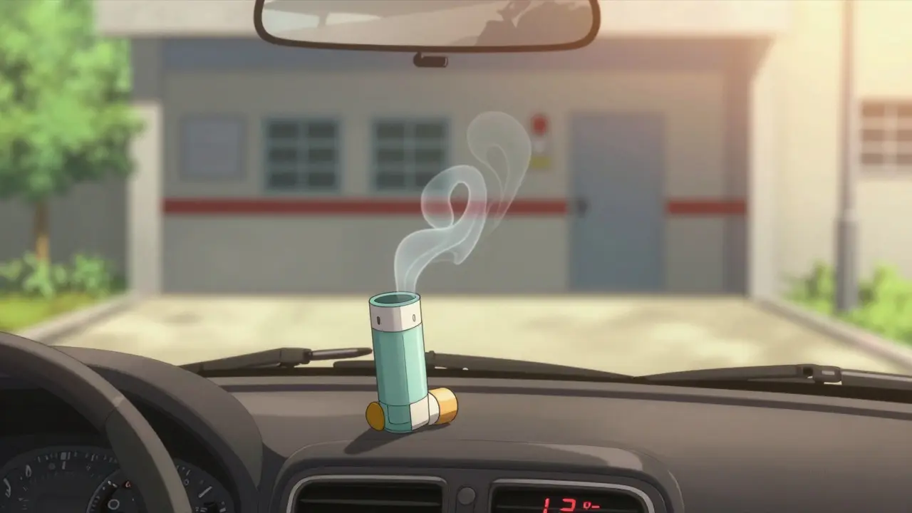 An inhaler melting in a hot car under bright sunlight, with a temperature gauge and distant ER.