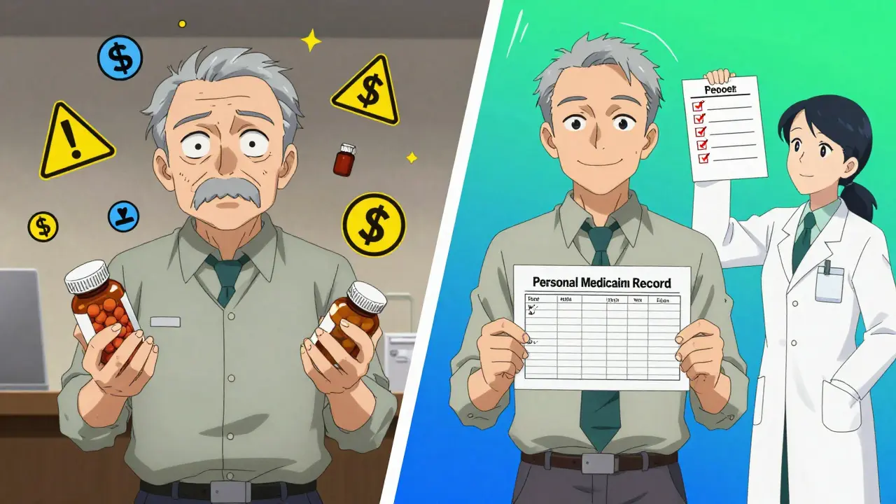 Before-and-after scene showing confusion turning to confidence with medication organization.
