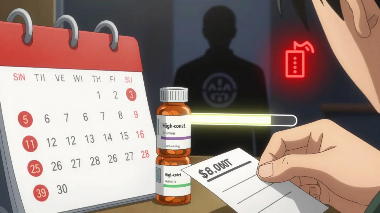 Calendar showing four months with pill bottles and a draining ,000 limit, insurance logo in shadow.