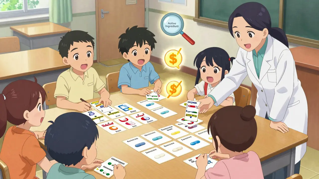 Children in a classroom playing a matching game with brand-name and generic medicine cards.