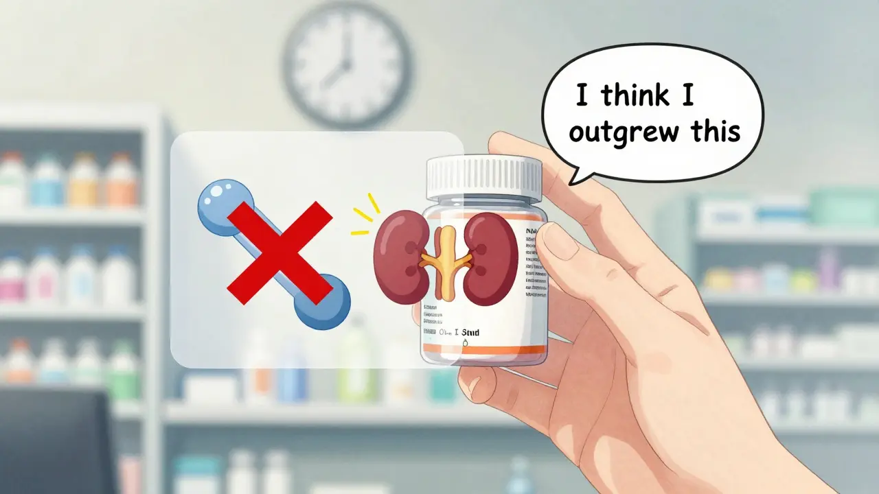 Close-up of a pill bottle with translucent warnings showing drug interactions and a patient's thought about outgrowing an allergy.