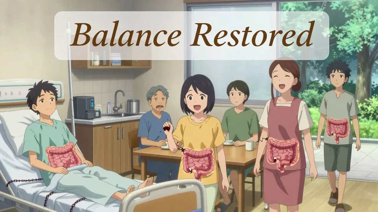 Diverse patients in daily life with glowing gut barriers repelling dark chains, symbolizing freedom from opioid constipation.