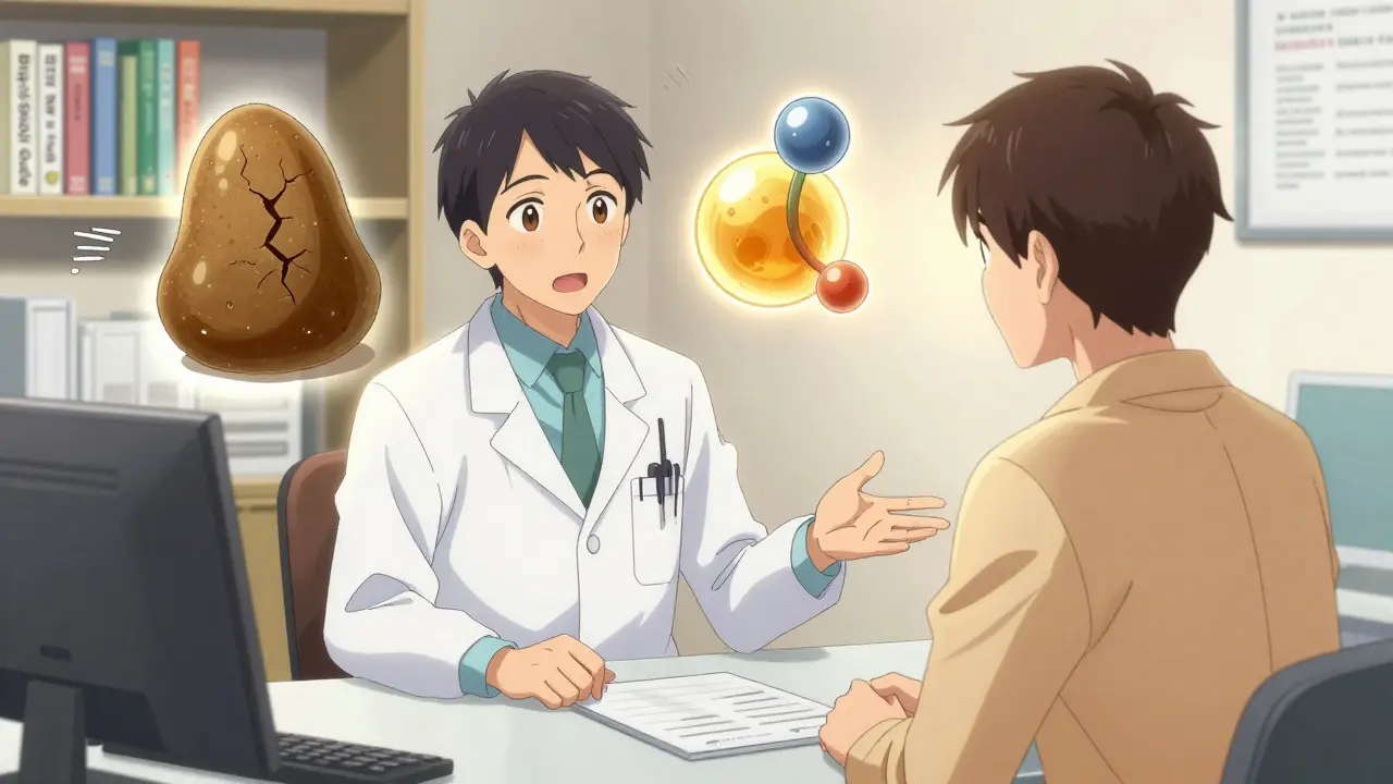 Doctor and patient discussing bowel health with visual metaphors of dry and hydrated stools in a clinic setting.