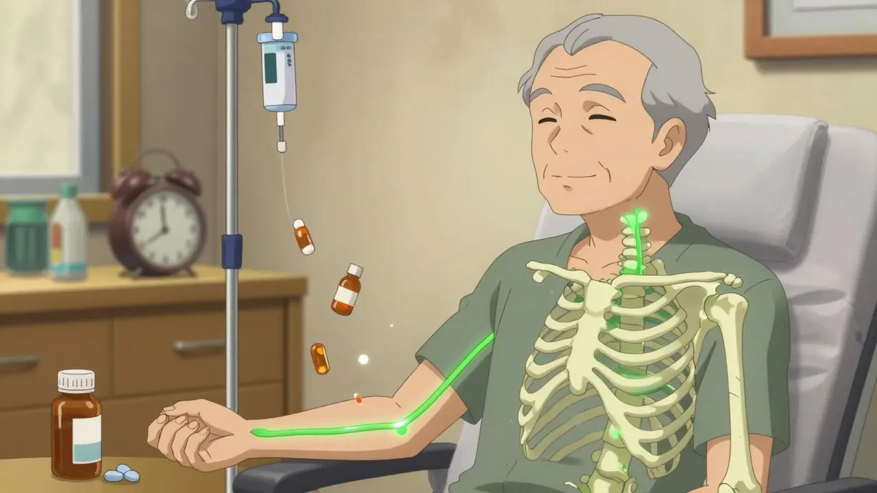 Elderly man receiving IV infusion as glowing veins connect to healthy bones, discarded pills fading away.
