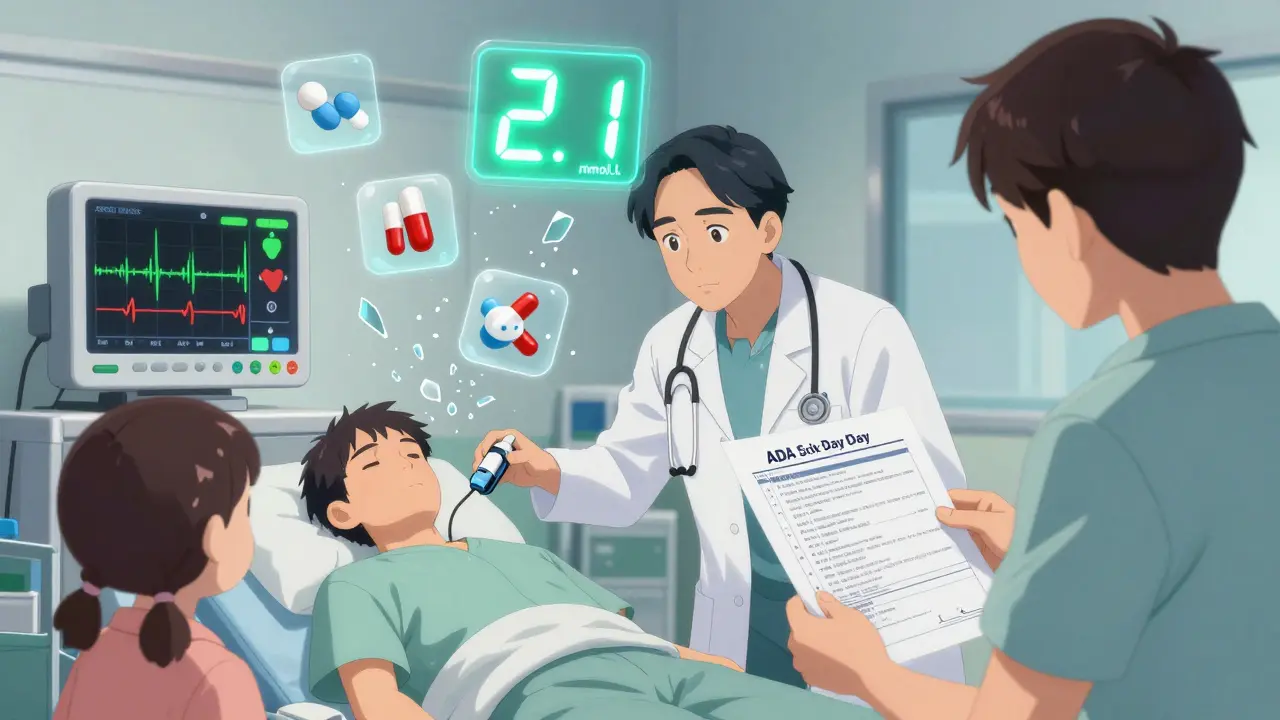 Emergency room scene with high ketone levels flashing, insulin pump active, dangerous medications shattering around patient.