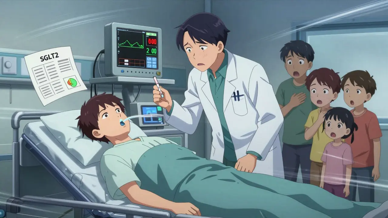 Emergency room scene with patient in distress, doctor holding ketone test, monitors showing misleadingly normal glucose.